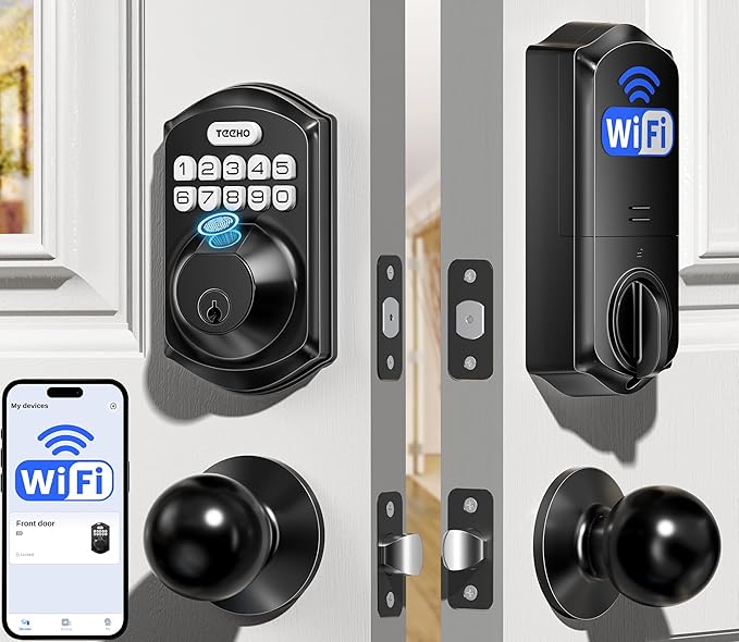 TEEHO TE012W-K WiFi Smart Keyless Entry Door Lock with Handle, Fingerprint Door Knob & Digital Keypad, APP Remote Control, Works with Alexa & Google, Electronic Deadbolt for Front Door, Matte Black