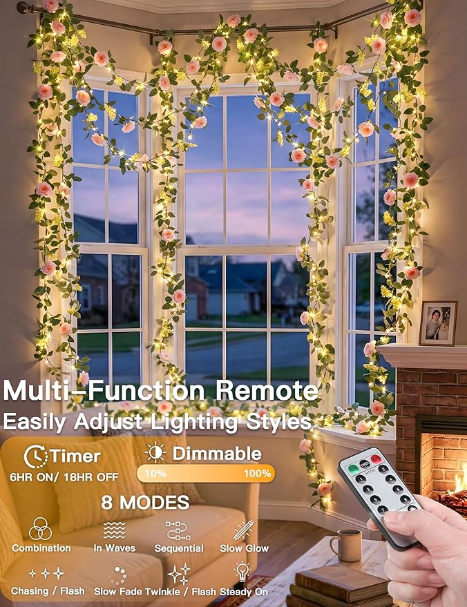 suddus Flower Garland with Pink Camellia Fairy Lights Indoor, 60 LED Vines String Lights Battery Operated with Remote, Artificial Fake Flowers Leaf Lights for Wedding,Bedroom,Centerpieces,Arch Decor