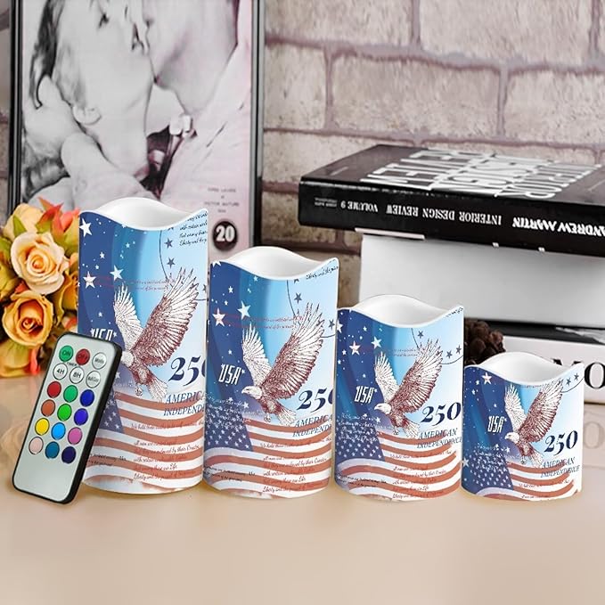 American Flag Electric Candles Bald Eagle Independence Day Flameless LED Candles Battery Operated with Remote 250th Anniversary Flickering Candle for American Holiday, 4 Pack