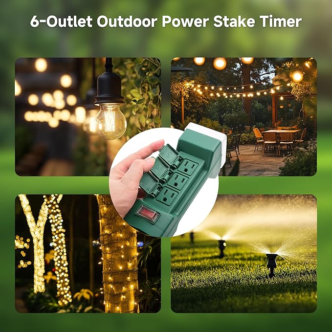 Cable Matters [ETL Listed] 6-Outlet Outdoor Power Stake Timer with 9ft Cord, Weatherproof Outdoor Power Strip with Timer