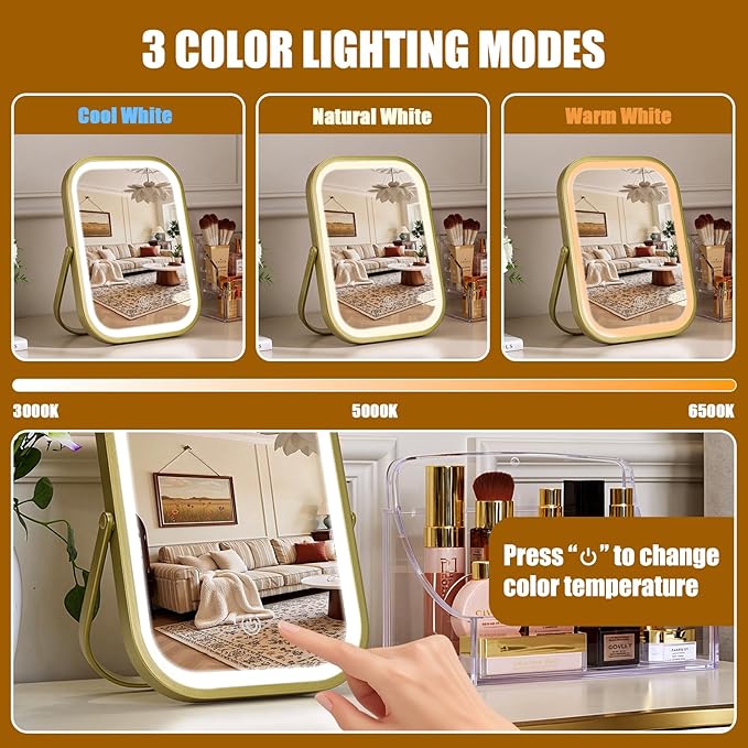 Rechargeable Travel Makeup Mirror, 8"×6" Small Vanity Mirror with Lights, 1500mAH Battery, 3-Color Lighting, Dimmable, 360° Rotation, Portable Desk Mirror with Storage Pouch, Travel Essentials (Gold)