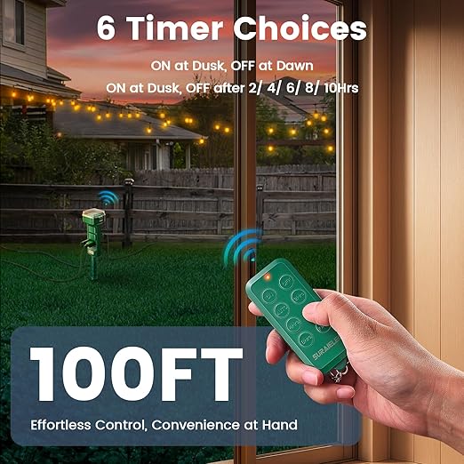 SURAIELEC Outdoor Power Stake Timer Waterproof, 100FT Wireless Remote Control, Dusk to Dawn Timer, 6 Grounded Plug Outlets, 25FT, Power Strip for Christmas Lights, Garden, Patio, Outdoor Light