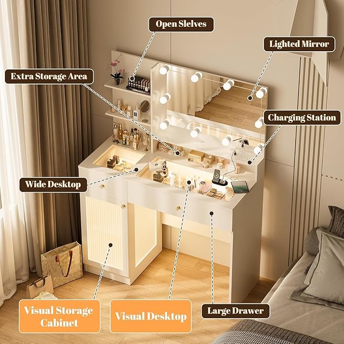 Vanity Desk with Mirror and Lights, Sleek Glass Top Makeup Vanity Set with Power Outlet, Drawers and Cabinet, 3 Adjustable Lighting Modes Dressing Table for Bedroom
