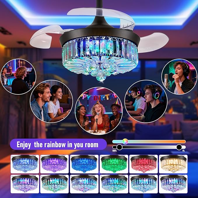 30" RGB Fandelier Ceiling Fan with Light, Retractable Crystal Chandelier Fan LED Dimmable Ceiling Fan and Remote APP Control for Living Room Dining Room Bedroom Black