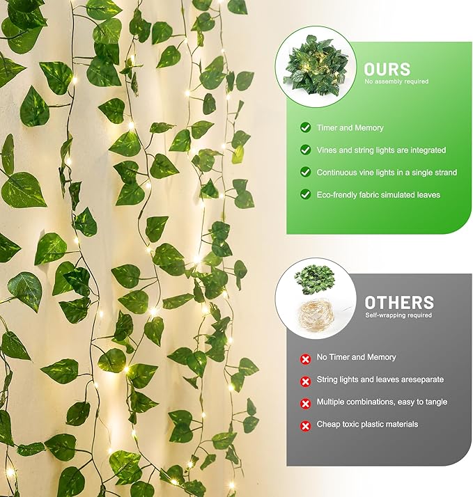 YOUNGAR Pothos Vines with Fairy Lights,Leaf String Warm White Lights Battery/USB Operated,23FT 73LED Fake for Bedroom Wall Room Wedding Birthday Garden Party Wall Room Decor