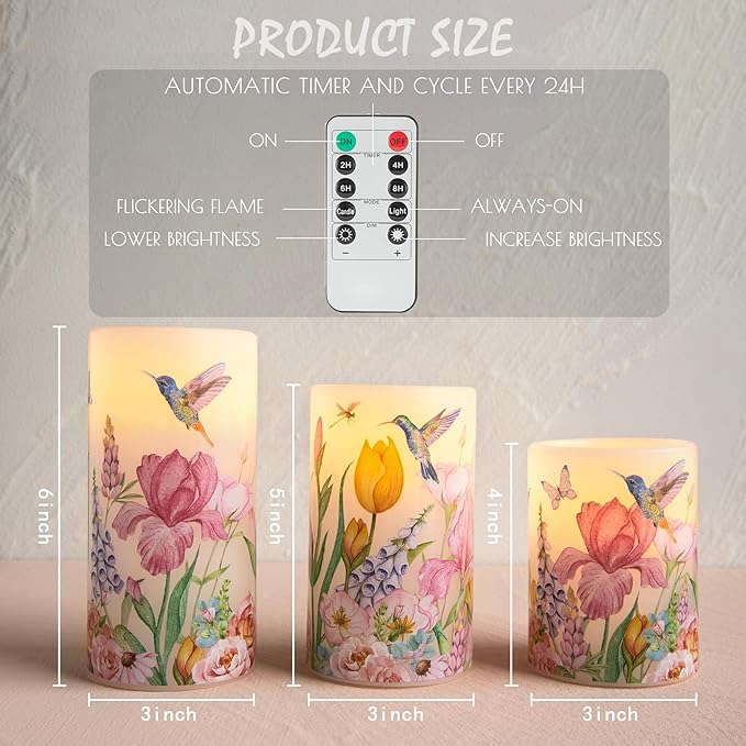 Flameless Candles with Remote, Battery Operated Candles Real Wax Hummingbird Flickering LED Candles Floral Christmas Decor Electric Pillar Candles Set of 3