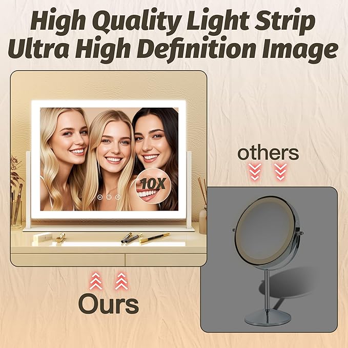 HNV 16.3" Lighted Makeup Mirror with Sleek LED Strip, 360° Rotation Vanity Mirror with Lights, 3 Color Dimmable, 10X Magnification, Smart Touch Control (White)