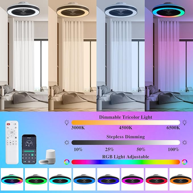 Smart Ceiling Fans with RGB Lights Remote - 20'' Flush Mount Low Profile Modern Ceiling Fans for Bedroom - Stepless Color Temperature and 6 Speeds - White