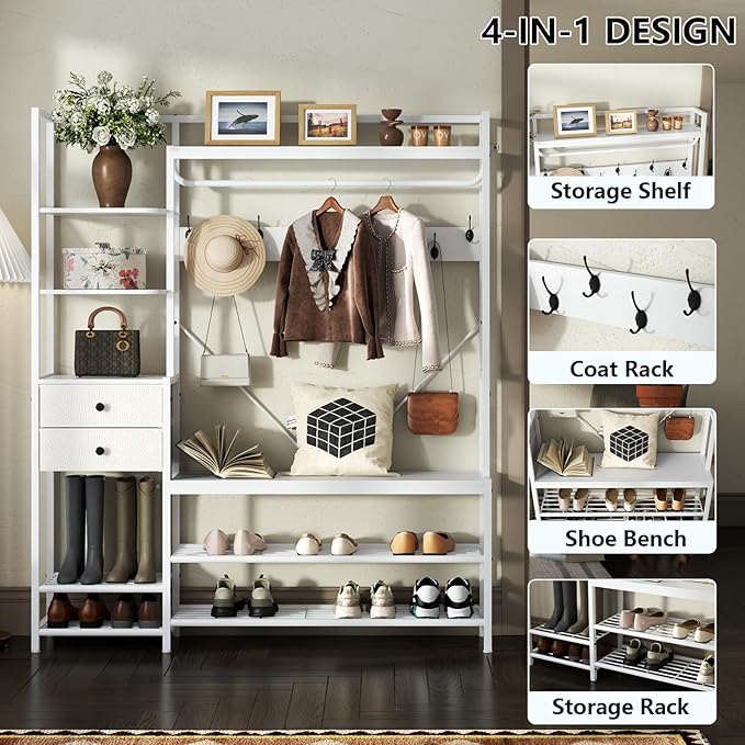 7-in-1 Hall Tree with Bench and Shoe Storage for Entryway, Entryway Bench with Coat Rack, Storage Shelves, Shoe Race, Coat Hooks and 2 Fabric Drawers for Hallway(White)