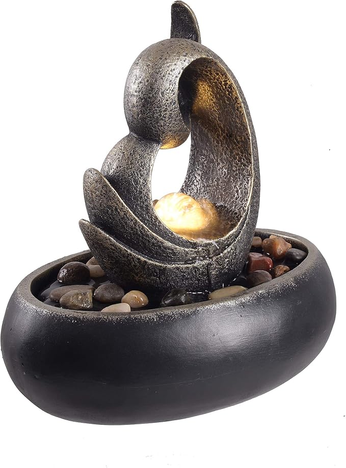 Teamson Home Tabletop Water Fountain Indoor Room Décor Sound Machine with Water Pump, Abstract Upright Sculpture with LED Light Faux Rocks, Indoor Zen for Home Office Living Room, Charcoal/Bronze
