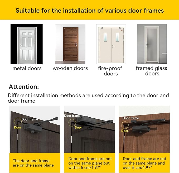 Automatic Door Closer Heavy Duty Spring Size 2 Hydraulic Aluminum Alloy UL 3-Hour Fire Rating Surface Mounted Residential Commerical Door Closures Adjustable Speed Door Weights 88-144 Lbs