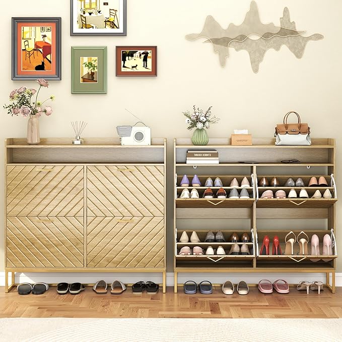 Hadulcet Hidden Shoe Cabinet with 4 Flip Drawers, Long Wood Shoe Storage Cabinet for Entryway Closet, Narrow Freestanding Shoe Rack Organizer w/Adjustable Shelves, Metal Legs, Cupboard, Natural Wood