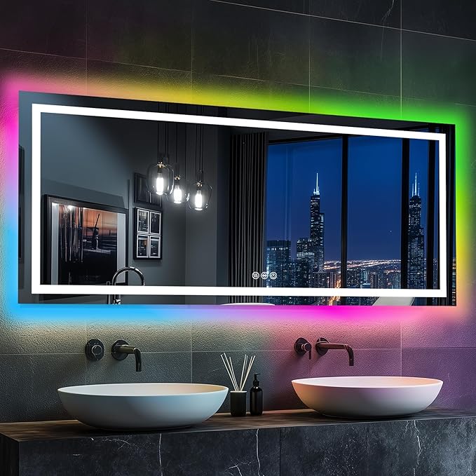Antok 28"x 60" LED Bathroom Mirror with Lights, Anti-Fog, Dimmable, Lighted Vanity Mirror with Tempered Glass, Memory Function, 11 Light Modes, Safe Use, Horizontal, Vertical, Wall Mount