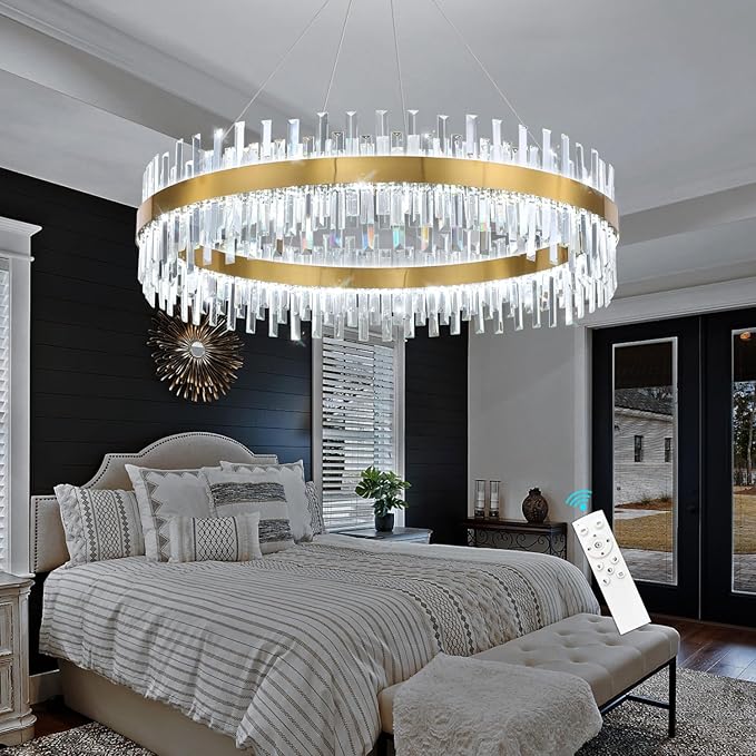Glam Crystal Chandelier Interior Ring Chandeliers with Remote Dimmable LED Light Adjustable Hanging Lights Luxury Ceiling Pendant Lighting Fixtures for Living Dining Bedroom Foyer Gold Light