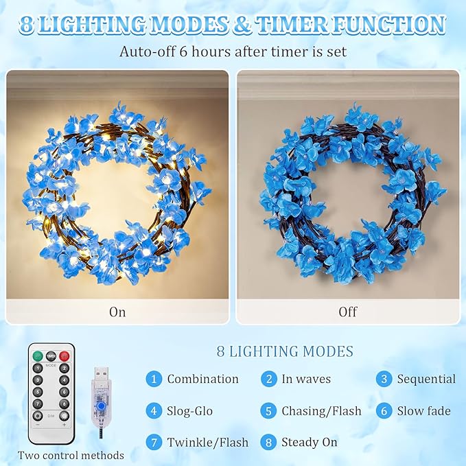 7.55 FT 144 LED Blue Cherry Enchanted Willow Vine Lights,Cherry Blossom Light with Remote Timer,8 Lighting Modes,LED Tree Branch Lights for Wall,Cherry Blossom Wall Decor for Bedroom Living Room