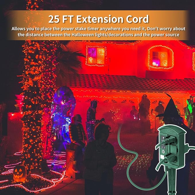 Outdoor Power Stake Timer for Christmas Light Decorations Waterproof, Dusk to Dawn, Outdoor Power Strip with 6 Outlets, 1875W/15A, 100FT Wireless Remote Control, 25FT Extension Cord, Heavy Duty