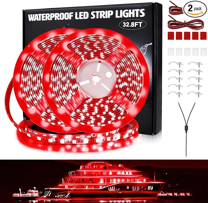 LED Boat Lights 32.8ft (2 Rolls of 16.4ft), LED Boat Strip Lights, Waterproof Boat Interior Light, Pontoon, Bass Boat, Kayak, Jon Boat, Cabin, Deck, Boat Navigation Lights(Red)