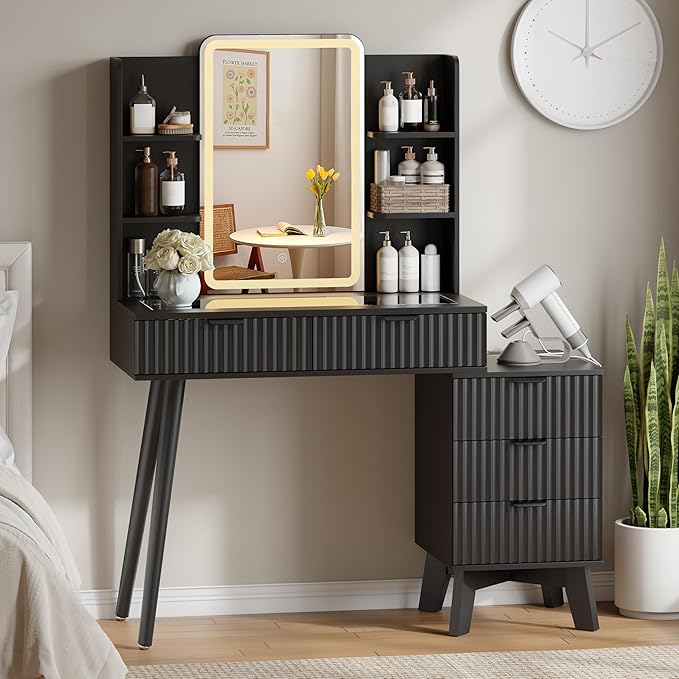 42'' Fluted Makeup Vanity Desk with LED Lights Mirror & Charging Station, Modern Glass Top Vanity Table with 5 Drawers & Open Shelves, Dressing Table for Bedroom, Living Room, Black