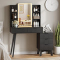 42'' Fluted Makeup Vanity Desk with LED Lights Mirror & Charging Station, Modern Glass Top Vanity Table with 5 Drawers & Open Shelves, Dressing Table for Bedroom, Living Room, Black
