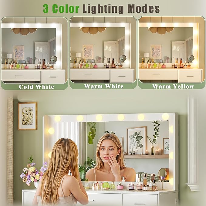 Large Vanity Desk with Mirror and Lights, 43.3" Makeup Vanity Desk with Lights, 3 Color Hollywood Bulbs, White Vanity with 11 Fabric Storage Drawers & Power Outlets for Bedroom Dressing Room