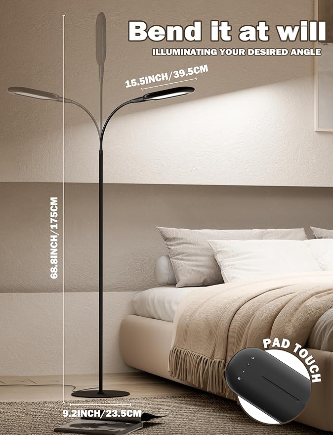 LED Floor Lamp, CRI 95+ Bright Floor Lamps for Bedroom with 4 Hours Auto Off, Stepless Dimming & 3000K-6000K Colors Standing Lamp for Living Room with 360° Head Rotation Reading Lamp for Office Black