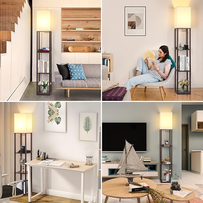 FOLKSMATE Touch Control Shelf LED Floor Lamp with Shelves, Charging USB, Type C Port and Power Outlet, Dimmable Standing Lamp for Living Room, Bedroom