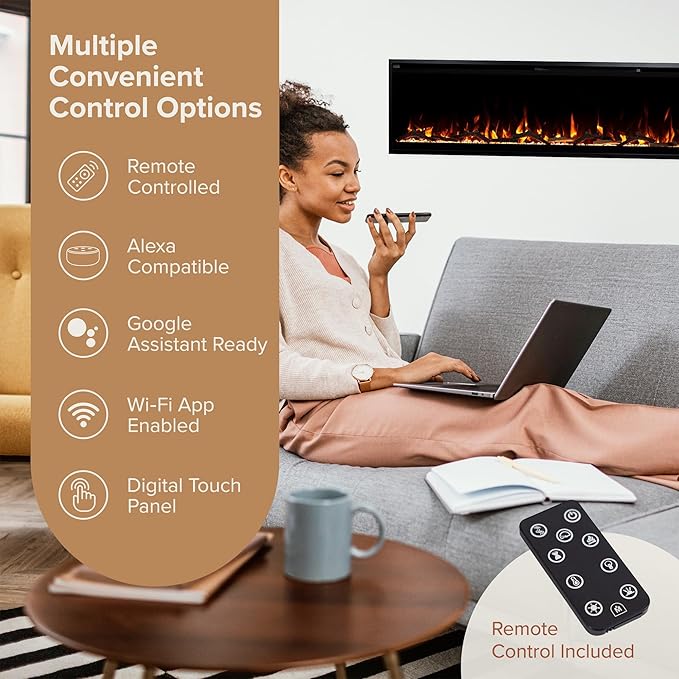 Modern Ember Aerus Slim 72 Inch Smart Linear Electric Fireplace | Recessed in-Wall or Wall-Mount | LED Multiple Flame Colors | Alexa/WiFi Enabled | 4.25” Profile | Remote Included