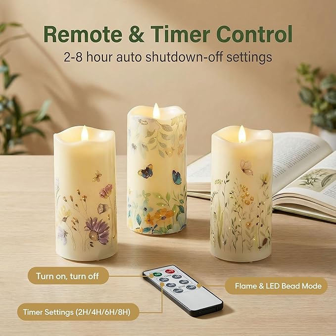 Eywamage Fiber Optic Flameless Pillar Candles with Remote Set of 3, Butterfly Floral Spring LED Candles Battery Operated Φ 3" H 6"