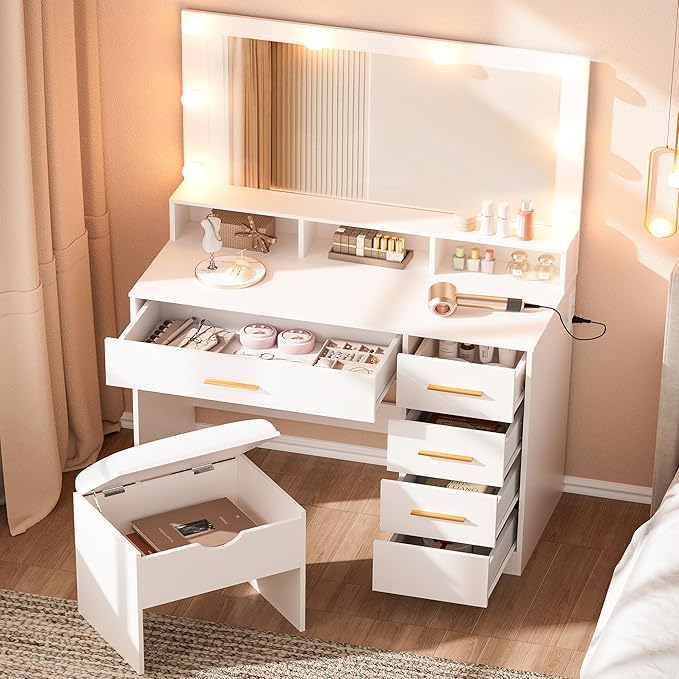 Vanity Desk with Mirror and Lights, 35.43" Large Mirror Makeup Table with Stool, 5 Drawers Dressing Table for Girls and Ladies Bedroom, White and Gold