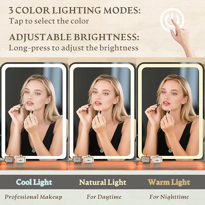 Makeup Vanity Desk with Mirror & Lights, Small Vanity Table Set for Girls with Chair & Power Outlet, Modern Dressing Table with 2 Drawers & 4 Storage Shelves, Adjustable RGB Lighting - Grey