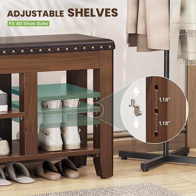 Shoe Bench for Entryway, Solid Rubberwood Shoe Bench with Hidden Storage, Adjustable 2-Tier Shelves & Soft PU Leather Seat, Shoe Rack Durable Easy Assembly for Hallway or Bedroom - Brown, 47.28"