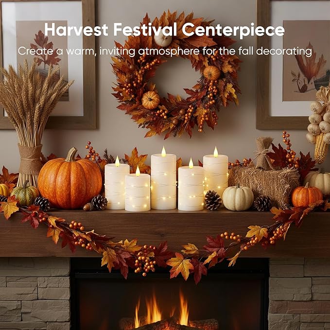 Amagic 3"×6" Flameless Candles with String Lights, White 11-Key Remote & Timer Battery Operated Flickering Led Pillar Candles Real Wax for Home, Lantern, Halloween and Christmas Decor, Set of 2