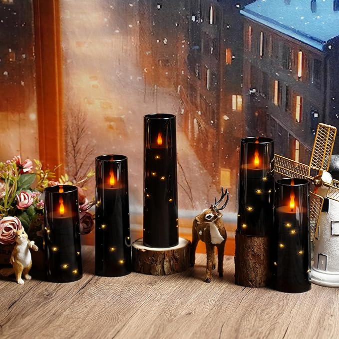 Flameless LED Candles with Timer 9 Pc Flickering Flameless Candles for Romantic Ambiance and Home Decoration Stable Acrylic Shell,with Embedded Star String,Battery Operated Candles（Black）