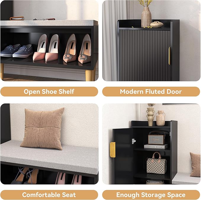 Storage Bench with Fluted Door&Shelf, Modern Entryway Bench with Padded Seat, L-Shaped Shoe Organizer Cabinet for Hallway, Living Room, Office, Black