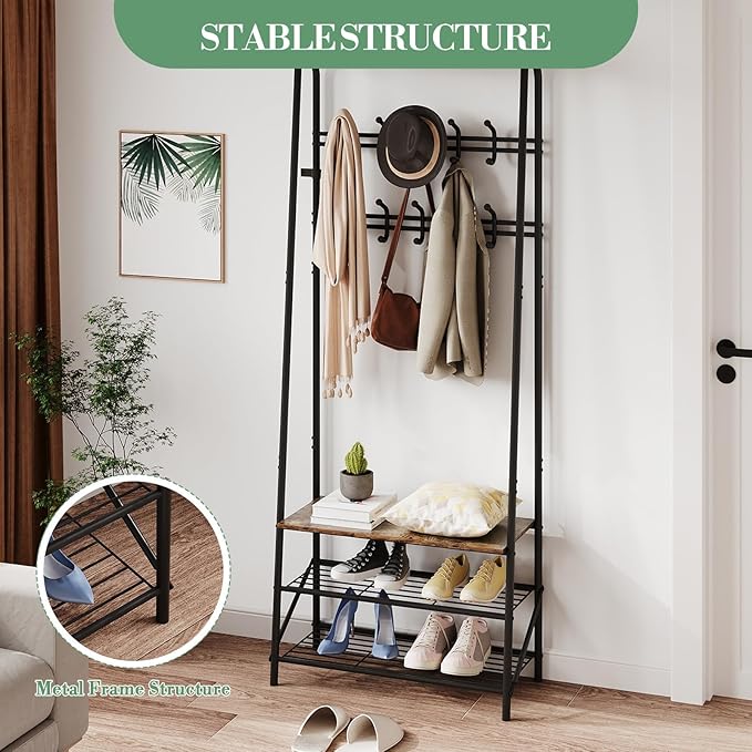 Jojoka 25" Coat Rack, Hall Tree with Shoe Bench and Storage, 4-Tier Shelf with 10 Hooks, Freestanding Metal Entryway Organizer for Hallway, Accent Furniture for Bathroom