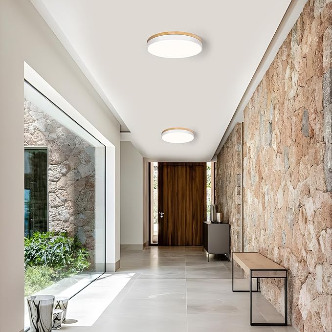 Modern Wood White Flush Mount Ceiling Light, 11.81" Round LED Low Profile Close to Ceiling Fixture for Kitchen Bedroom Bathroom Laundry Hallway Entryway Closet Living Room