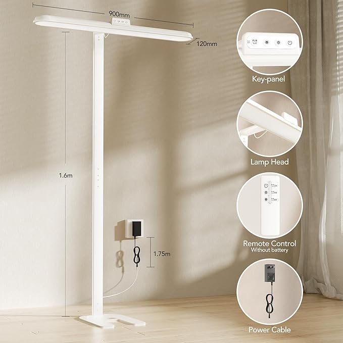 Eye-Caring LED Floor Lamp, 63'' Dimmable Timing Standing Light with Remote, Super Bright Natural Daylight Reading Lamp for Bedroom, Study Room, Living Room, Home Office