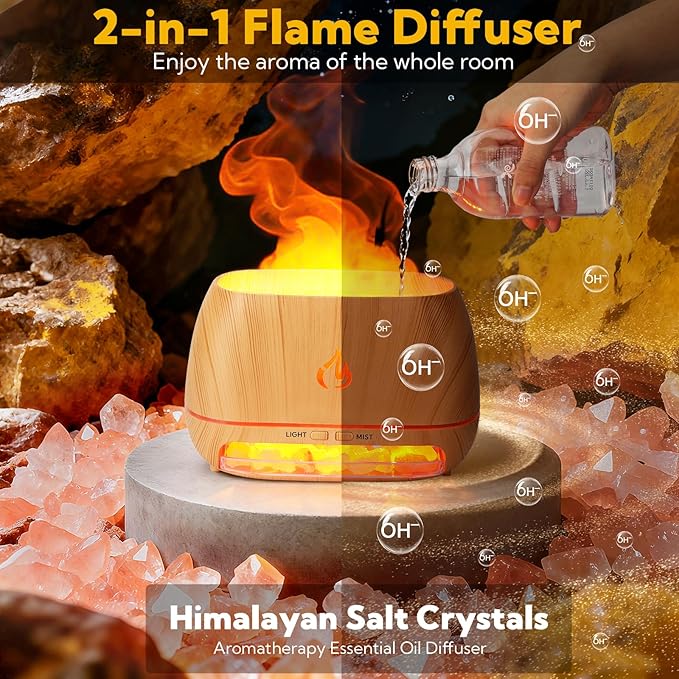 4 Pack Flame Diffuser Essential Oil Diffuser with Cool Mist Himalayan Salt Lamp 7 Colors LED Light 200ml Ultrasonic Aroma Diffusers for Bedroom Office Spa Yoga Room Gift,Wooden Grain