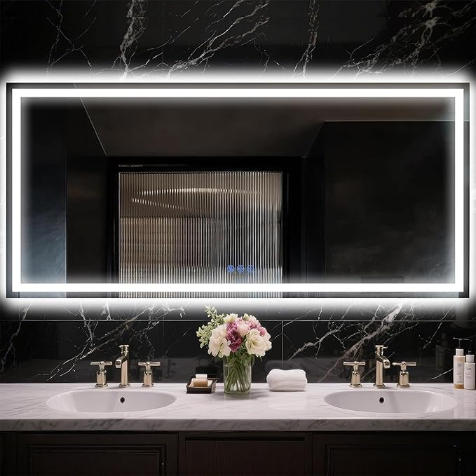 Antok 60"x 28" LED Bathroom Mirror with Lights, Anti-Fog, Dimmable, Lighted Vanity Mirror with Tempered Glass, Memory Function, 3 Light Modes, Safe Use, Horizontal, Vertical, Wall Mount