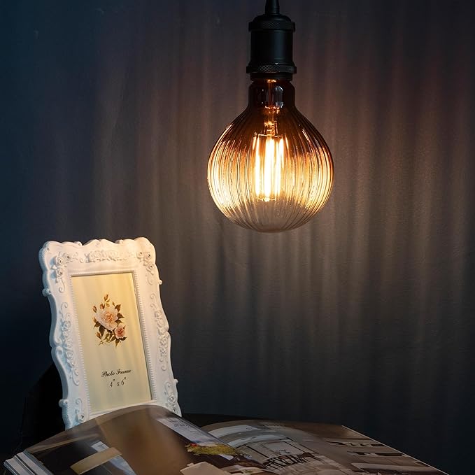 Vintage Edison LED Bulbs, Dimmable 4W Globe G125, 2200K Warm White Ambient Mood Lighting for Decoration, Squirrel Cage Filament, Gradient Brown Striation Figure Glass LED Light Bulbs, E26 Base