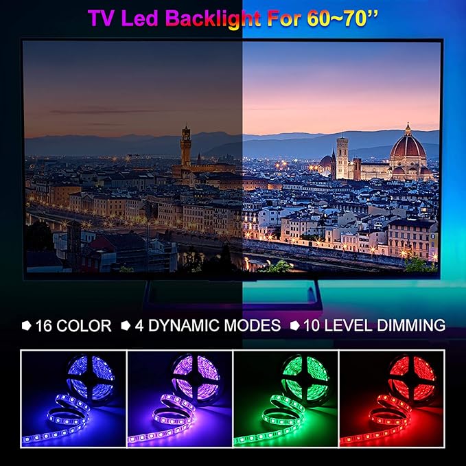 3M 10FT RGB LED Strip Lights, IP65 Waterproof Colored USB TV Backlight with Remote, 16 Color Changing 180 5050 LEDs Bias Lighting for HDTV, Multicolor for TV PC Background Lighting, No Adapter