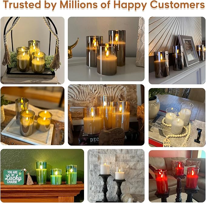 Eywamage Smoke Grey Glass Flameless Pillar Candles with Remote, Flickering LED Battery Candles Table Decor Set of 3