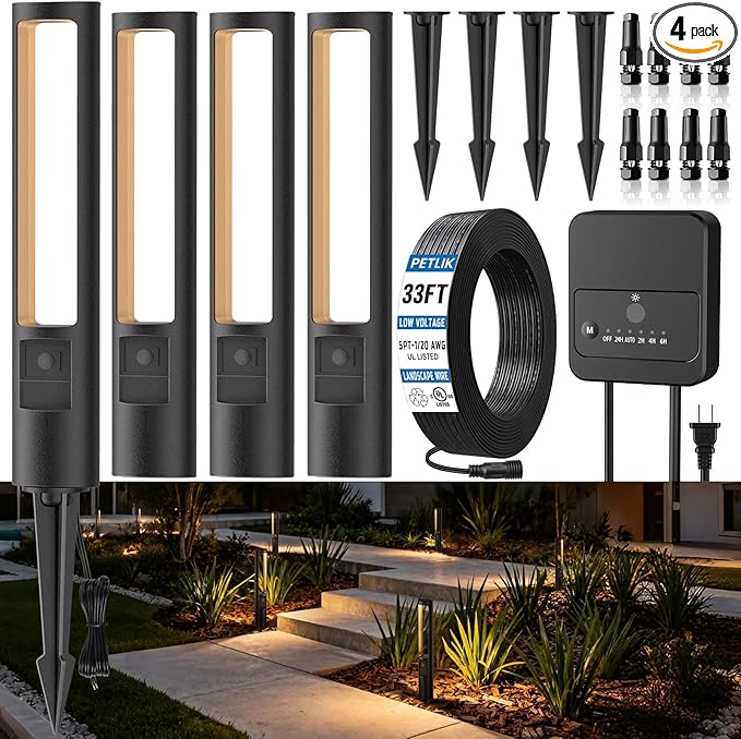 All-in-One Low Voltage Landscape Lighting Kit, 4-Pack Pathway Lights with Transformer Dusk to Dawn Outdoor Lighting 5CCT, IP66 Waterproof Landscape Lights with Connectors 100FT Wire for Patio