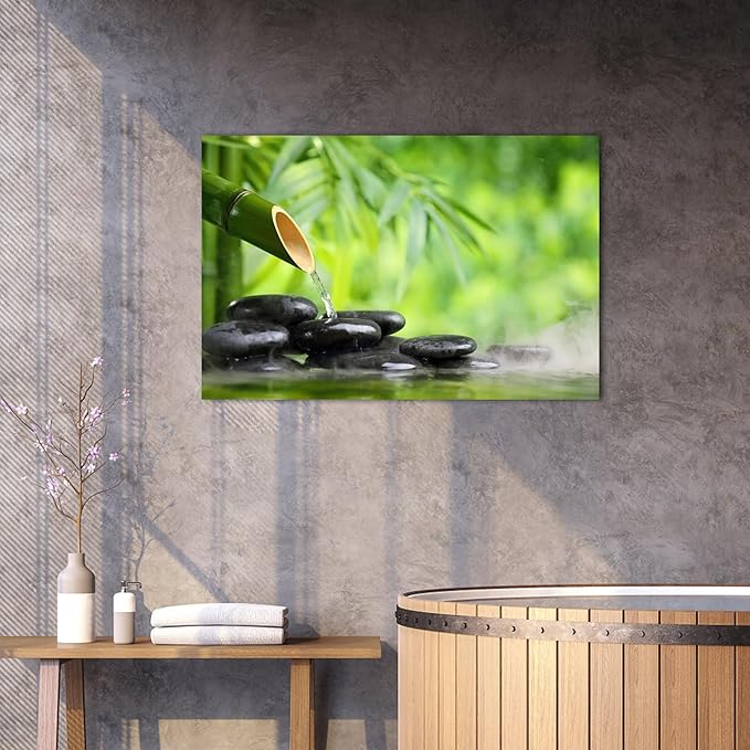 Zen Wall Art Decor, Modern Bathroom Zen Decor Wall Art, Canvas Wall Art for Spa Zen Room Decor, Green Bamboo Forest and Black Pebble Relaxing Art Prints for Office & Spa Wall Decor 18x24 Inches