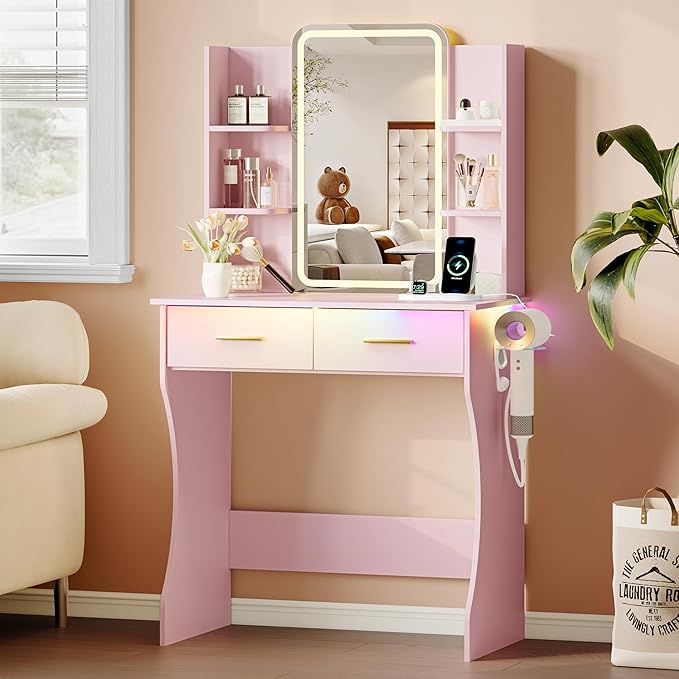 Vanity Desk with LED Lights Mirror & Power Outlet, Small Makeup Vanity Table Set with Storage Drawers, 3 Lighting Modes & Adjustable Brightness, Dressing Table for Women Girls Bedroom, Pink(NO Stool)