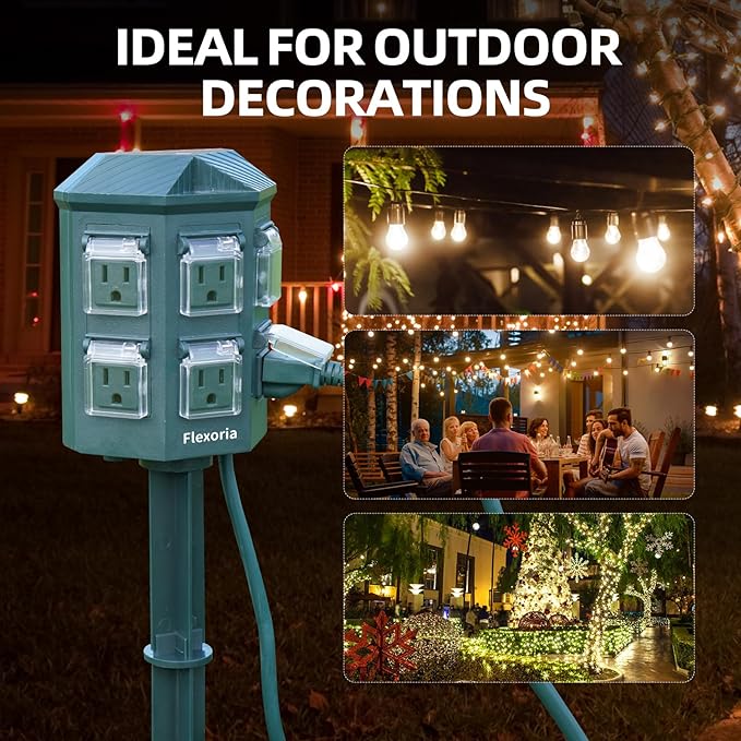 Flexora Outdoor Power Strip with 24-Hour Mechanical Timer, 100 FT Extension Cord Waterproof, 6 Grounded Outlets for Graden and Yard Decorations, ETL Listed