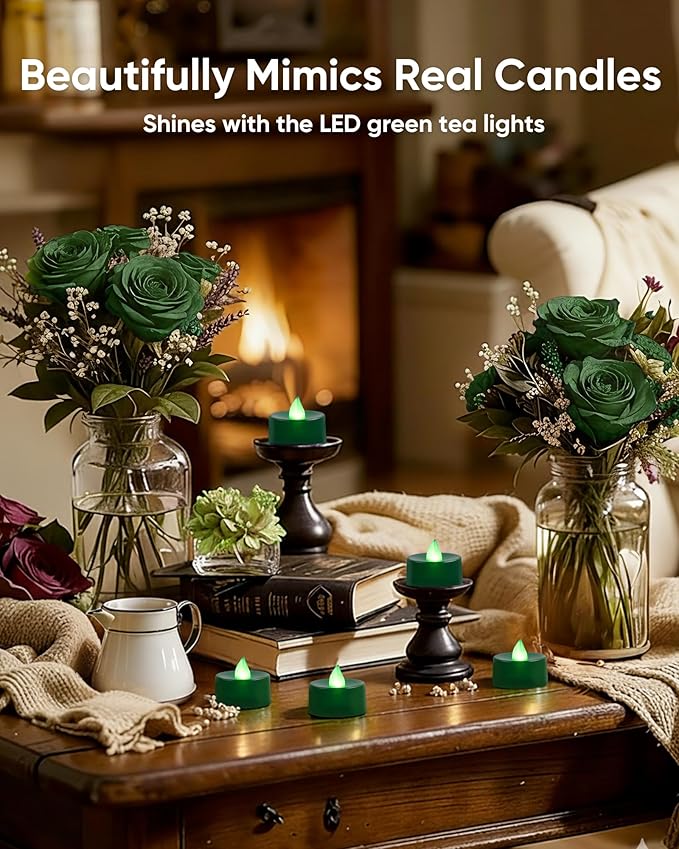 Amagic 30 Pcs Green Flickering Flameless Tea Lights Battery Operated, 200+ Hours Long Lasting Colored Candles for Party, St. Patrick, Table Centerpiece, Home Decor, Mardi Gras, Halloween, Christmas