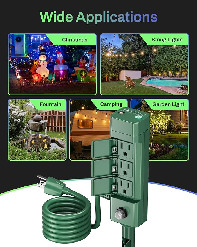 BN-LINK Outdoor Power Stake Timer, Dusk to Dawn Sensor for Outdoor Lights, 6 Grounded Outlets, 6ft Extension Cord, 1875W/15A,Christmas Decorations, ETL Listed