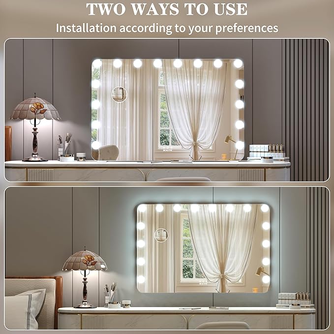 BEAUTME Large Vanity Mirror with Lights, 36''×24'' Makeup Mirror, Light up Mirror with 16 Dimmable LED Bulbs and 3 Color Lighting Modes, Tabletop or Wall Mounted, Silver