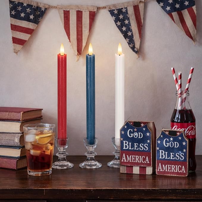 Patriotic Flameless Candles with Remote and Timer, Real Wax Red White and Blue Candles for 4th of July Decorations, Battery Operated Candles for Independence Day Celebrations, 3Pack